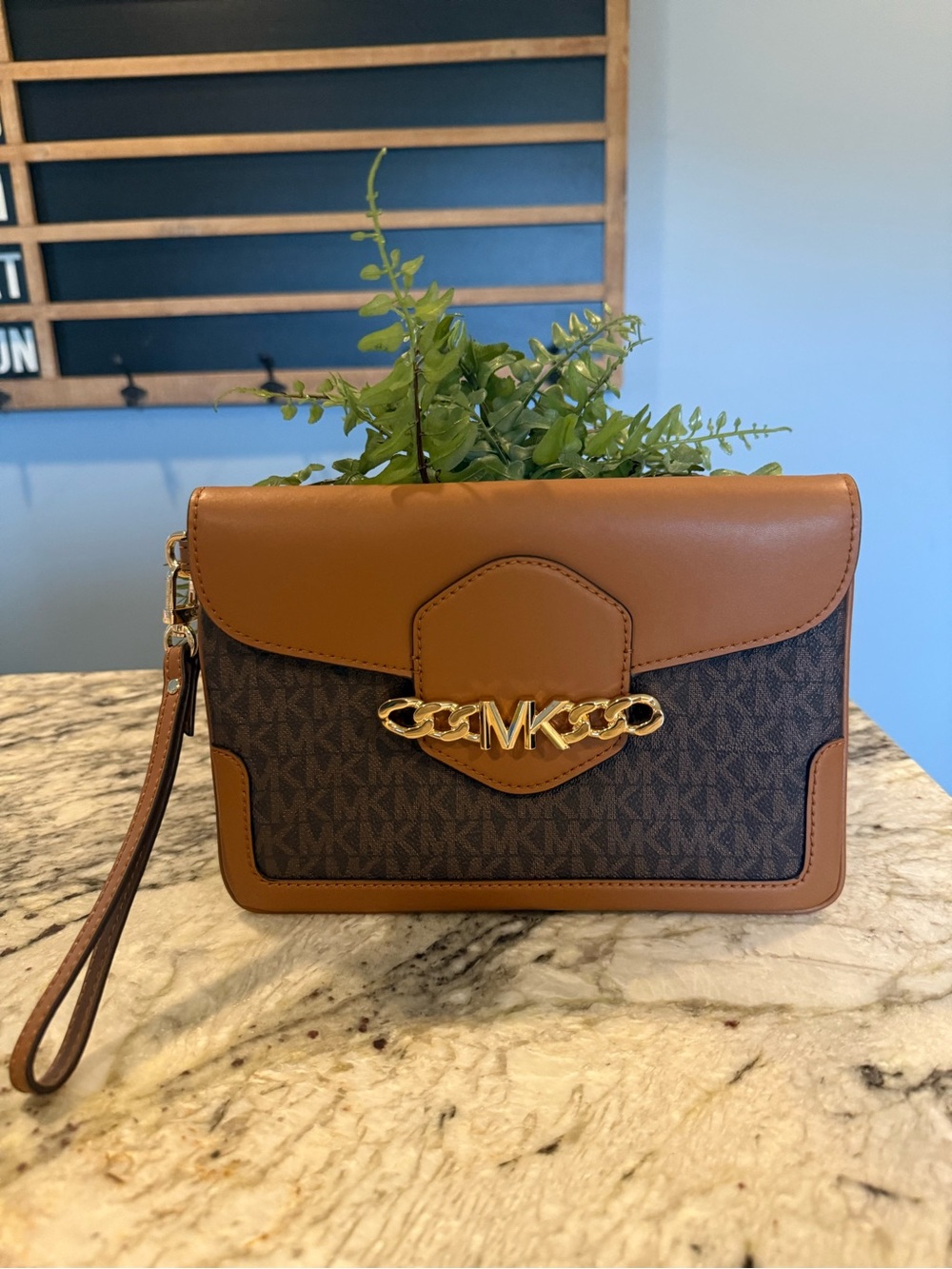 Michael Kors Brown Signature MK Logo Chain Wristlet Clutch Gold Hardware 9โ wide